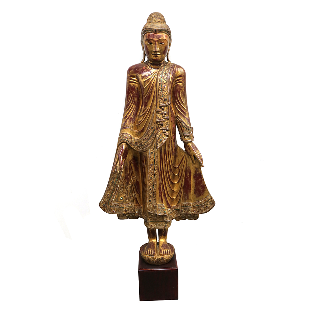 Antique Mandalay Painted Standing 28x11x69H - Gilded Wood and TC Sunnyside Buddha